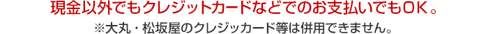 現金以外でもクレジットカードなどでのお支払いでもOK。※大丸・松坂屋のクレジッカード等は併用できません。